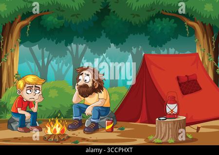 Cartoon vector illustration of a bearded man and boy sitting around a campfire near a red tent in a dense forest setting Stock Vector