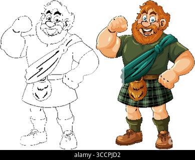 Vector illustration of a smiling Scottish highlander in a green tartan kilt, shown in both colored and outline styles, with bold lines and vibrant col Stock Vector