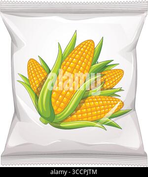 Vector illustration of a snack package featuring vibrant yellow corn cobs with green husks, clean white background, and crisp digital shading Stock Vector