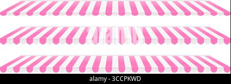 Striped shop window tent set. Store awning pattern collection. Cafe or restaurant roof canopy pack. Pink and white stall market place cover. Striped sunshade design template. Vector Stock Vector