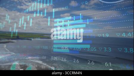 Displaying digital financial charts overlaying rocky coast, with ocean waves and marshy fields Stock Photo