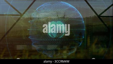 Floating spherical data-point globe displaying binary code in greenhouse, with chart overlays Stock Photo