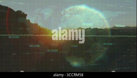Displaying glowing data sphere over mountain silhouette, sun, world map grid, data line, copy space Stock Photo