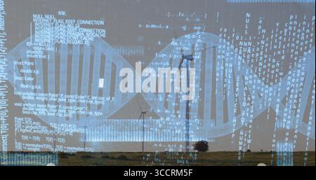 Floating semi-transparent DNA double helix cascading over grassy field at dusk, with wind turbines Stock Photo