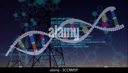 Displaying DNA helix floating over tower site at dusk, with code overlay and hexagonal patterns Stock Photo