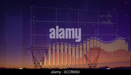 Displaying power pylons with rising 3D data bars and wireframe axes over rural dusk landscape Stock Photo