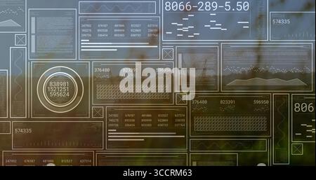 Displaying translucent data panels in interface overlay over blurred foliage, with circular gauge Stock Photo