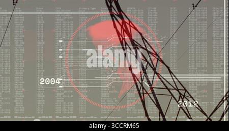 Displaying red globe with circuit overlay on screen, with towers, errors and labels 2004, 2012 Stock Photo