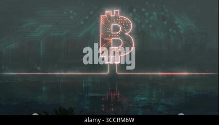 Neon Bitcoin logo glowing in plaza at night, with circuit overlay, glowing line, reflective surface Stock Photo