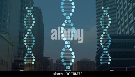 Floating translucent digital DNA helix pattern above urban street scene, with two smaller helices Stock Photo
