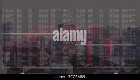 Displaying digital overlay projecting over skyline from rooftop, with data columns and red outlines Stock Photo