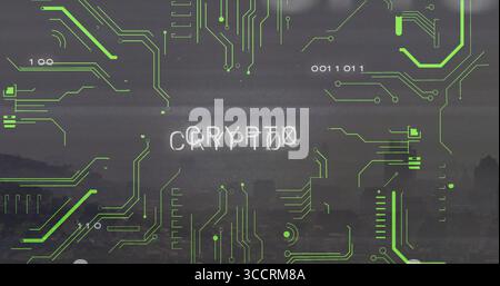 Displaying glitchy CRYPTO text pulsing over skyline, with neon green circuit traces and binary code Stock Photo