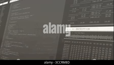 Dual monitors displaying File  ENCRYPTION code, data table, hex dump in office, with progress bar Stock Photo