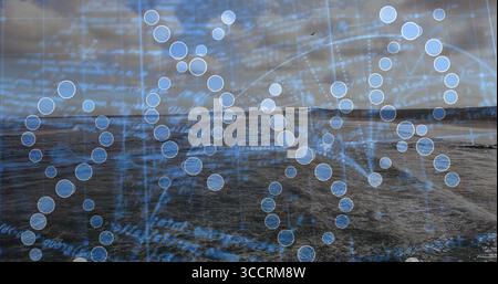 Displaying digital DNA helix floating over sea at dusk, with nodes, grid lines and code text Stock Photo