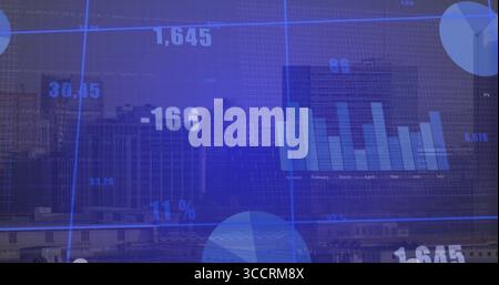 Displaying grid overlay on downtown skyline, with floating numeric indicators and chart segments Stock Photo