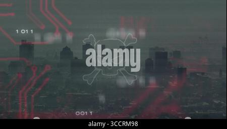 Displaying skull-and-crossbones hovering over city skyline, with red circuits and binary code Stock Photo