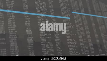 Displaying computer monitor showing log entries in dimly lit control room, with blue highlight bar Stock Photo