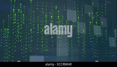 Streaming bright green binary digits flowing across dark blue digital backdrop, with grid overlays Stock Photo