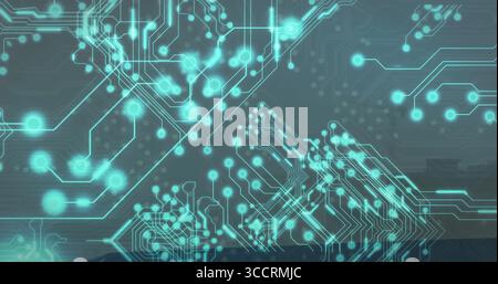 Showing glowing cyan circuit covering digital interface, with circular nodes and grid traces Stock Photo