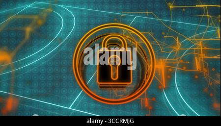 Hovering glowing padlock icon in ring over digital interface, with binary matrix and circuits Stock Photo