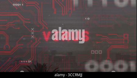 Displaying red pixelated VIRUS on security dashboard, showing circuit traces and binary fragments Stock Photo