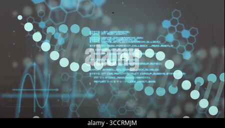 Showcasing DNA double helix at interface, with code text, hexagon outlines and waveform line Stock Photo
