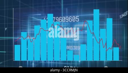Displaying composite data chart on dashboard, with blue bars, red line, floating numbers, 3D grid Stock Photo