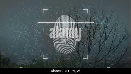 Displaying stylized fingerprint graphic overlaying foggy hill with scan frame and network nodes Stock Photo