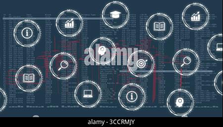Displaying icon network depicting information, search and analytics, education on blue screen Stock Photo