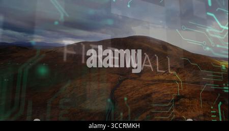 Displaying large FIREWALL text overlaying rural mountain road with turquoise circuit patterns Stock Photo