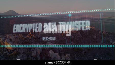 Displaying holographic interface panel on rocky mesa at dusk, with encrypted data transfer progress Stock Photo