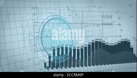 Displaying 3D bar chart columns on data dashboard grid with numeric labels and HUD overlay Stock Photo