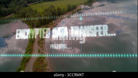 Displaying encrypted data transfer interface overlaying aerial forest shore view with progress bars Stock Photo