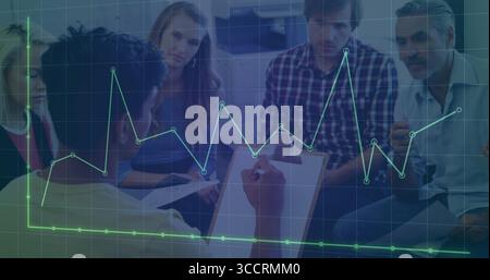 Reviewing data project team working at office conference room, with clipboard pen and chart overlay Stock Photo