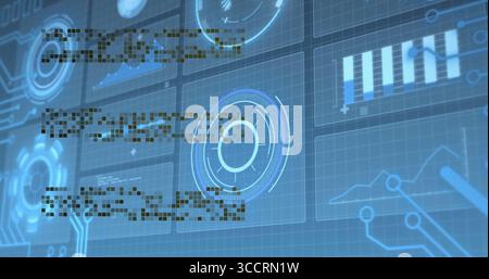 Displaying central circular interface on dashboard with grid overlay, circuit lines and data charts Stock Photo