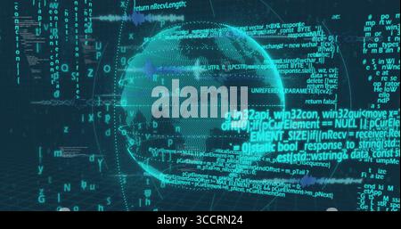 Displaying holographic wireframe globe rotating in abstract data visualization, with code fragments Stock Photo