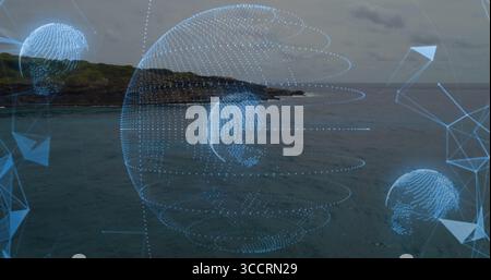 Projecting central holographic globe over coastal shoreline, with mesh network and arrow graphics Stock Photo