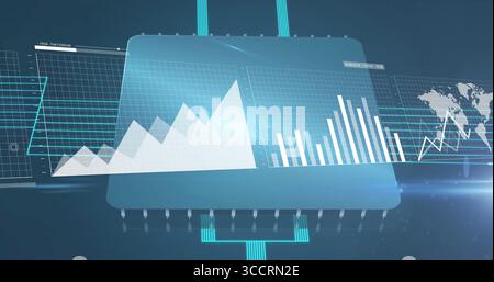 Chip floating in cyberspace, featuring holographic charts and world map, glowing grid connections Stock Photo