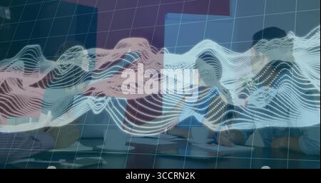 Collaborating 5 professionals reviewing digital waveform overlay on glass table in conference room Stock Photo