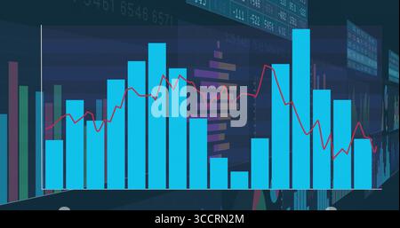 Displaying financial dashboard on trading monitor with blue bars, red line and purple bars Stock Photo
