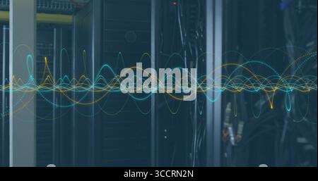 Displaying central server cabinet glowing in dim data center corridor, with waveform overlay Stock Photo