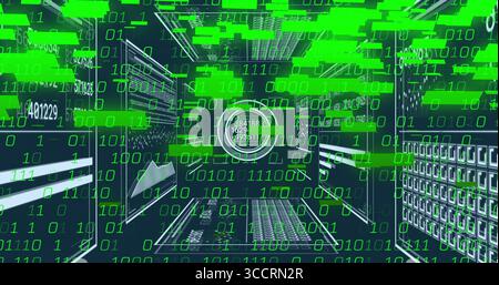 Flowing data stream through panel tunnel, with floating green binary blocks, HUD and white arrow Stock Photo