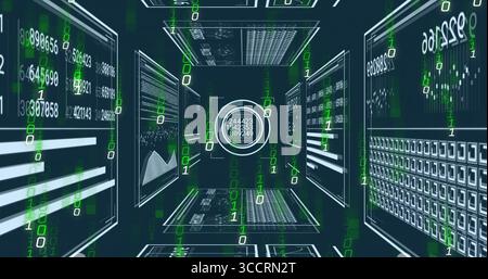 Rotating central HUD display updating in virtual data corridor, with cascading binary code streams Stock Photo