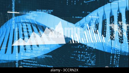 Displaying blue DNA double helix across floor grid with code and bar mountain and waveform charts Stock Photo