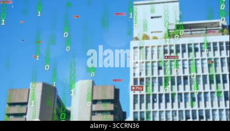 White office tower showing floating binary code downtown, with red Subscribe, Play tags, copy space Stock Photo
