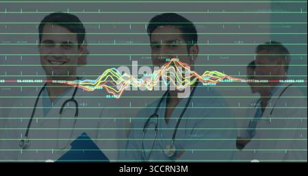 Medical team standing in studio with lab coats scrubs stethoscopes blue clipboard and grid overlay Stock Photo