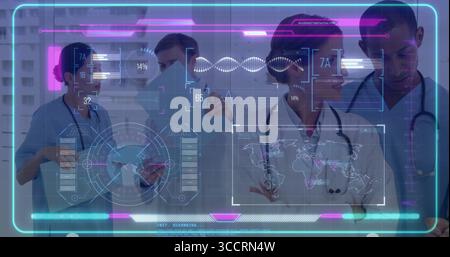 Using holographic interfaces, five scrub-clad medics collaborating in lab, DNA helix displays Stock Photo