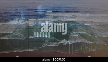 Displaying ocean wave patterns rolling toward shoreline, with semi-transparent HUD overlays Stock Photo