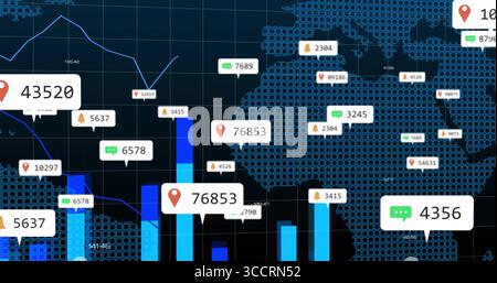 Displaying vertical bar charts on world map interface, with labels showing pin, chat, bell icons Stock Photo