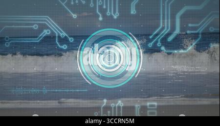 Overlaying circular HUD showing waveform on ocean wave, with turquoise circuit grid and code text Stock Photo